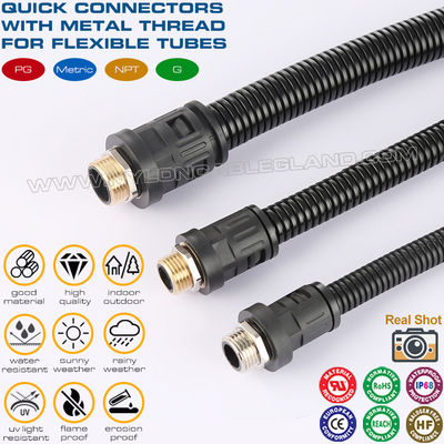 Black RAL9005 Polyamide 6 Straight Quick Connectors M12~M63 with Metal Metric Thread for Corrugated Tubes AD10~AD54.5