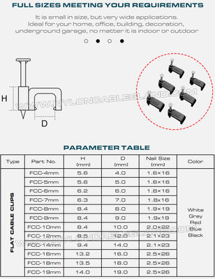 Cable Clips Black Cable Holders 100pcs, 4mm~19mm Square Cable Clips Cable Organizers White with Nails for Flat Cables