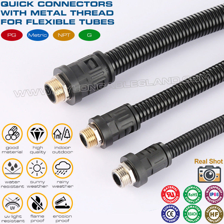 Black RAL9005 Polyamide 6 Straight Quick Connectors M12~M63 with Metal Metric Thread for Corrugated Tubes AD10~AD54.5