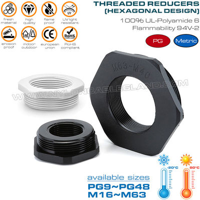 Riduttori esagonali plastica filettatura maschio-femmina PG9~PG48, riduzione esagonale nylon filettatura maschio-femmina M16~M63 per impianto elettrico