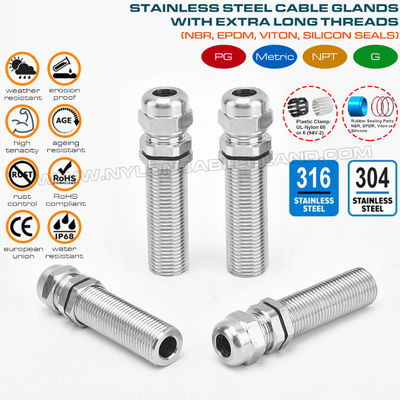 Pressacavi a filettatura lunga IP68, acciaio inossidabile EN 1.4404/1.4401/1.4301, metrici M12~M100, per quadri elettrici spessi