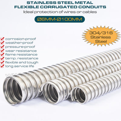 Tubi corrugati flessibili metallo Ø6mm~Ø100mm, guaine condotte ondulate corrugate in acciaio inox 316/304 con tensione assiale 36 kgf~600 kgf per protezione dei cavi