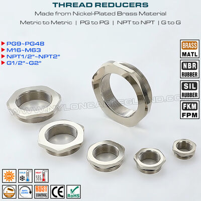 Riduzioni adattatori filettate metallici in ottone nichelato (Metrico a Metrico, PG a PG, NPT a NPT, G a G)