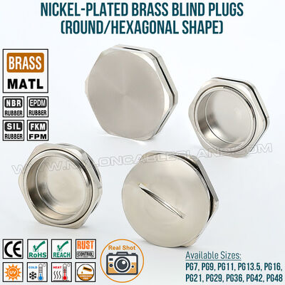 Tappo cieco metallico IP68 tappo di chiusura in ottone nichelato con controdado e O-ring, esagonale o tondo, PG7-PG48, per la tenuta di involucri