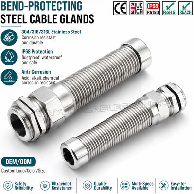 IP68 Pressacavo flessibile a spirale M32x1.5 (Ø 15-22 mm), acciaio inossidabile AISI 304, 316 o 316L, protezione antipiega, per ambienti estremi