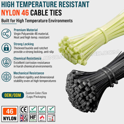 Fascetta in Nylon 46 (Poliammide 46, PA46) ad alta resistenza termica, 300 mm x 7,6 mm, 130 LBS / 560 N, per ambienti ad alta temperatura