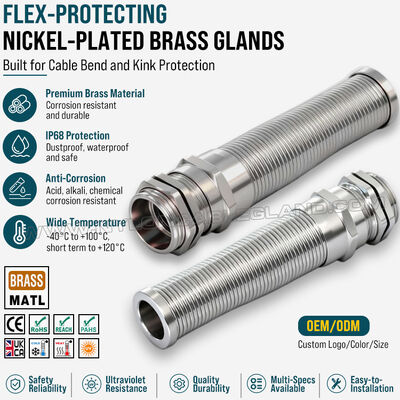 Pressacavo metallico elicoidale a spirale in ottone nichelato con protezione antipiega, PG13.5 (Ø 6-12 mm), DIN 40430/EN 62444, per la protezione del cavo da curvature eccessive