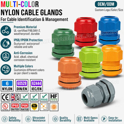 Glandole di cavi colorati, Nylon 6 (poliammide 6, PA6), PG13.5 (6-12mm e 5-9mm), IP68/IP69K, per l'identificazione visiva e l'organizzazione dei cavi