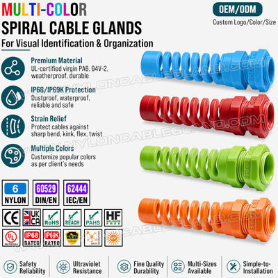 Glandola del cavo di sollevamento delle sollecitazioni colorata Nylon 6 (poliammide 6/PA6), PG13.5 (Ø 6-12mm & 5-9mm), IP68 & IP69K, per l'identificazione e l'organizzazione dei cavi
