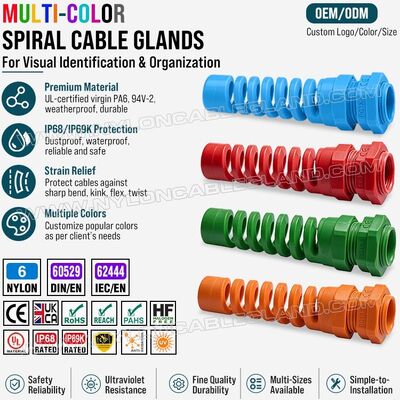 Pressacavo spiralato colorato nylon 6 (poliammide 6/PA6) con scarico della trazione, PG13,5 (Ø 6-12 mm e 5-9 mm), IP68 e IP69K, per l'identificazione e l'organizzazione dei cavi