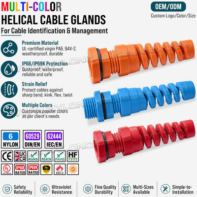 Pressacavi colorati spirale (o spiralati) con protezione antipiega (blu, rosso, verde, giallo, grigio, nero), nylon poliammide 6, PG9, UL94V-2, per cavi da 4-8 mm e 2-6 mm