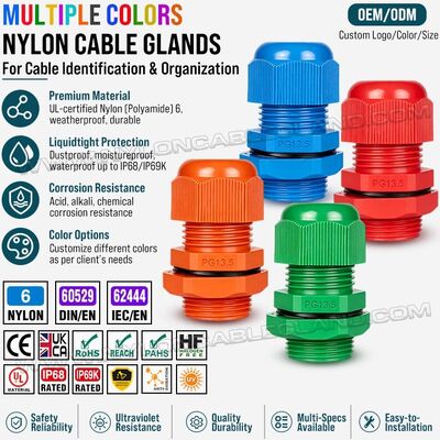 Pressacavi colorati in plastica nylon PG13.5 a filettatura lunga, IP68 / IP69K, per cavi da 6-12 mm o 5-9 mm