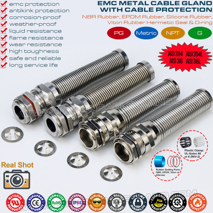 Pressacavi ​​metallo EMC / EMI / EMV, connettore pressacavi elettrici PG in ottone a tenuta stagna IP68 con protezione spirale