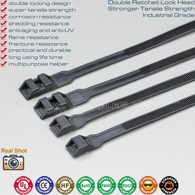 Fascette stringicavi a doppia chiusura 9x350mm, fascetta fermacavi nera con doppia chiusura 110LBS, Ø20-93mm