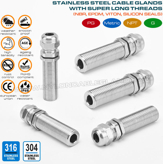 Pressacavi metallici a filettatura lunga metrica, versione IP68, acciaio inossidabile 316L/316/304, M12x1,5-M100x2, per quadri elettrici più spessi